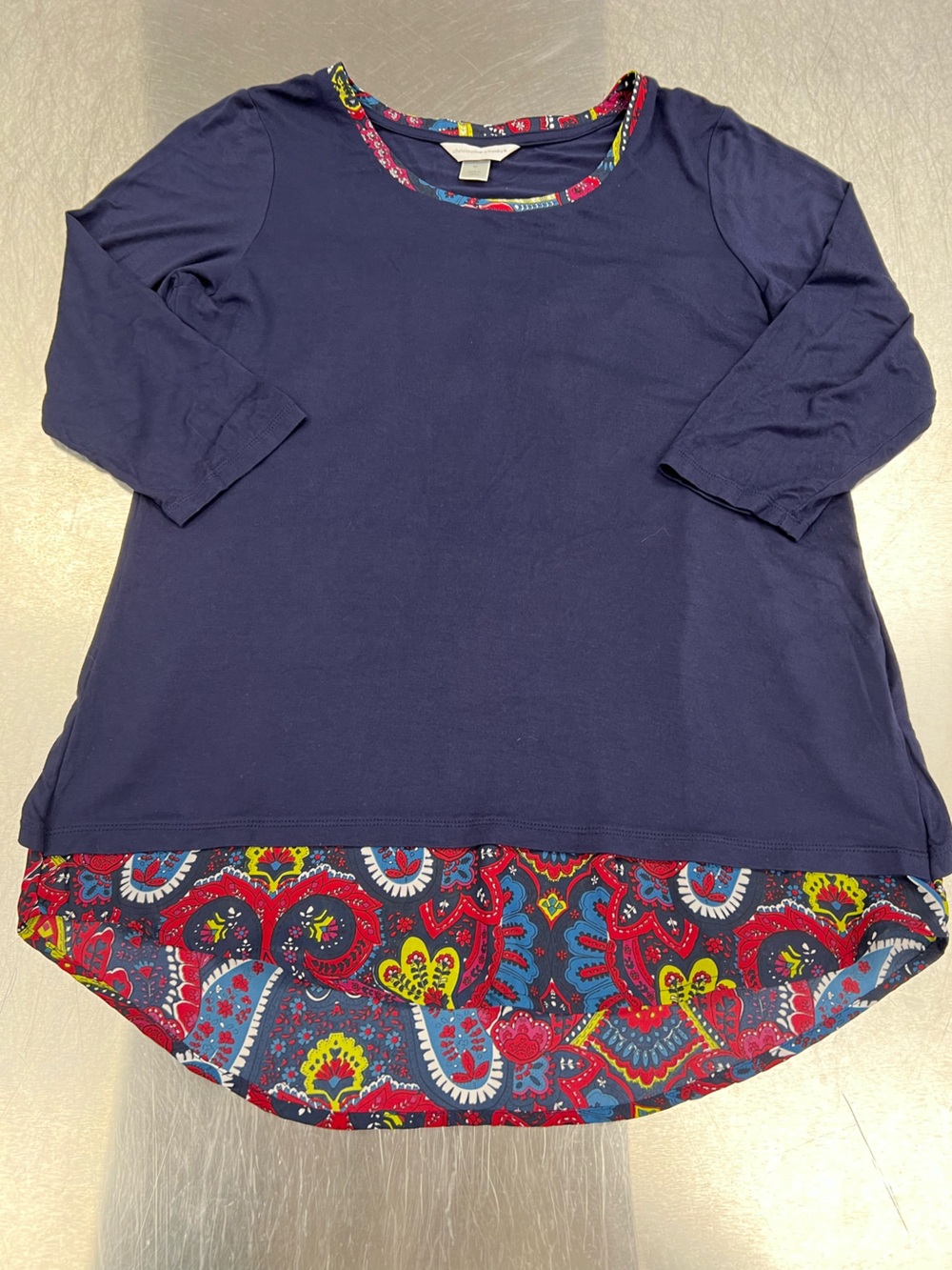 Christopher & Banks Navy Short Sleeve Tee with Multicolor Paisley Hem Women’s M